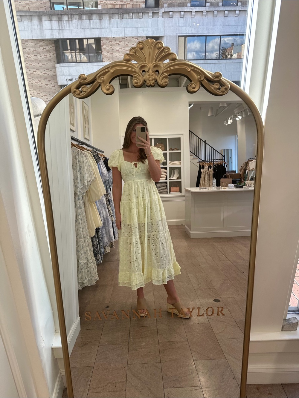 Pale Yellow Eyelet Midi Dress